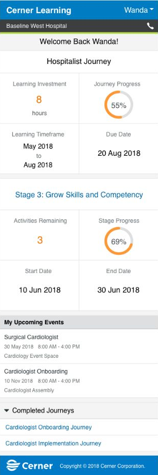 Mobile learner dashboard showing journey progress, time investment, upcoming events, and completed journeys.