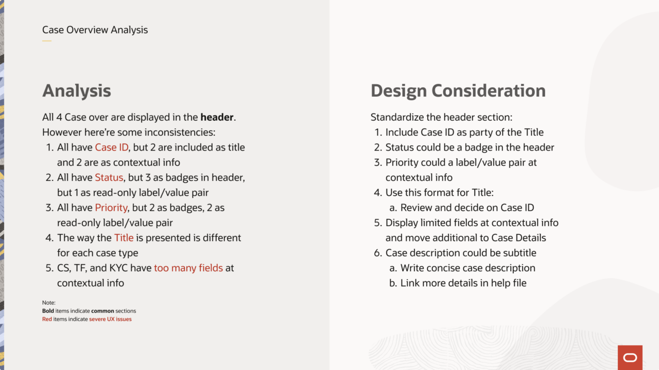 Case Overview analysis with findings mapped to design considerations