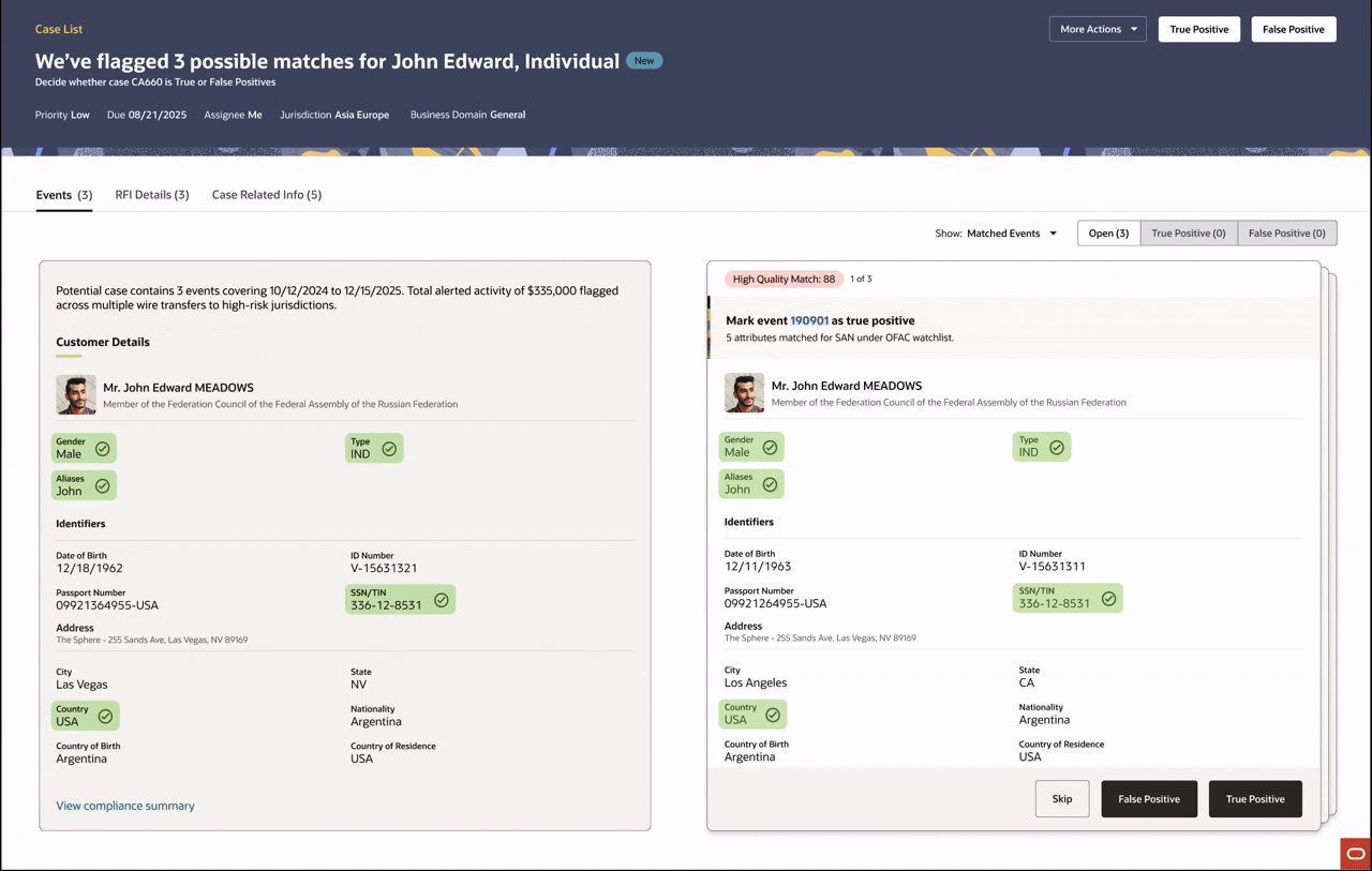 CS Comparison flow animation — customer details fixed on the left, screening events loading one at a time on the right with High, Medium, and Low match quality indicators, analyst progressing through True Positive and False Positive decisions for John Edward, Individual