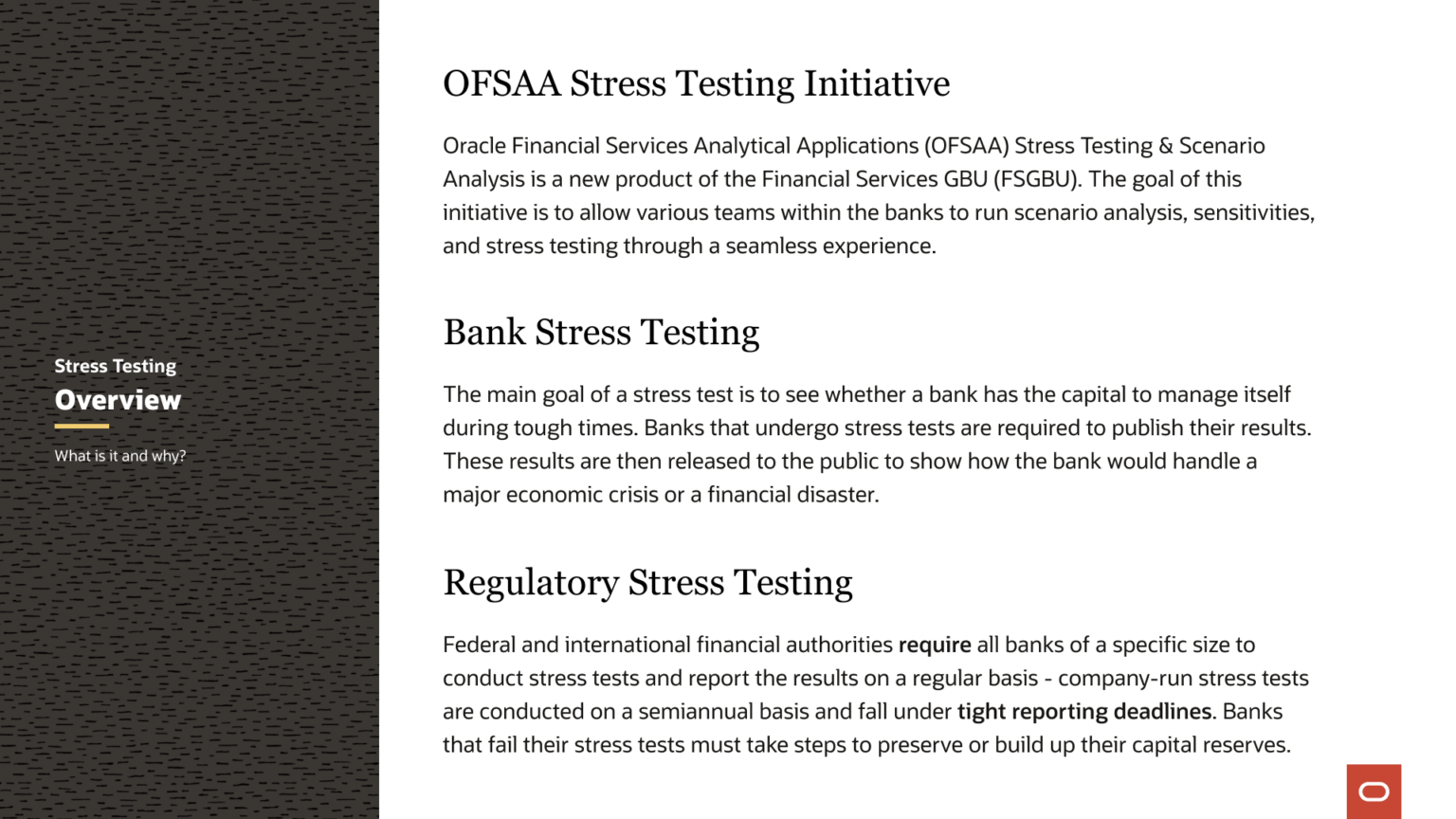 Overview of Oracle Financial Services Stress Testing and Scenario Analysis and its regulatory context.