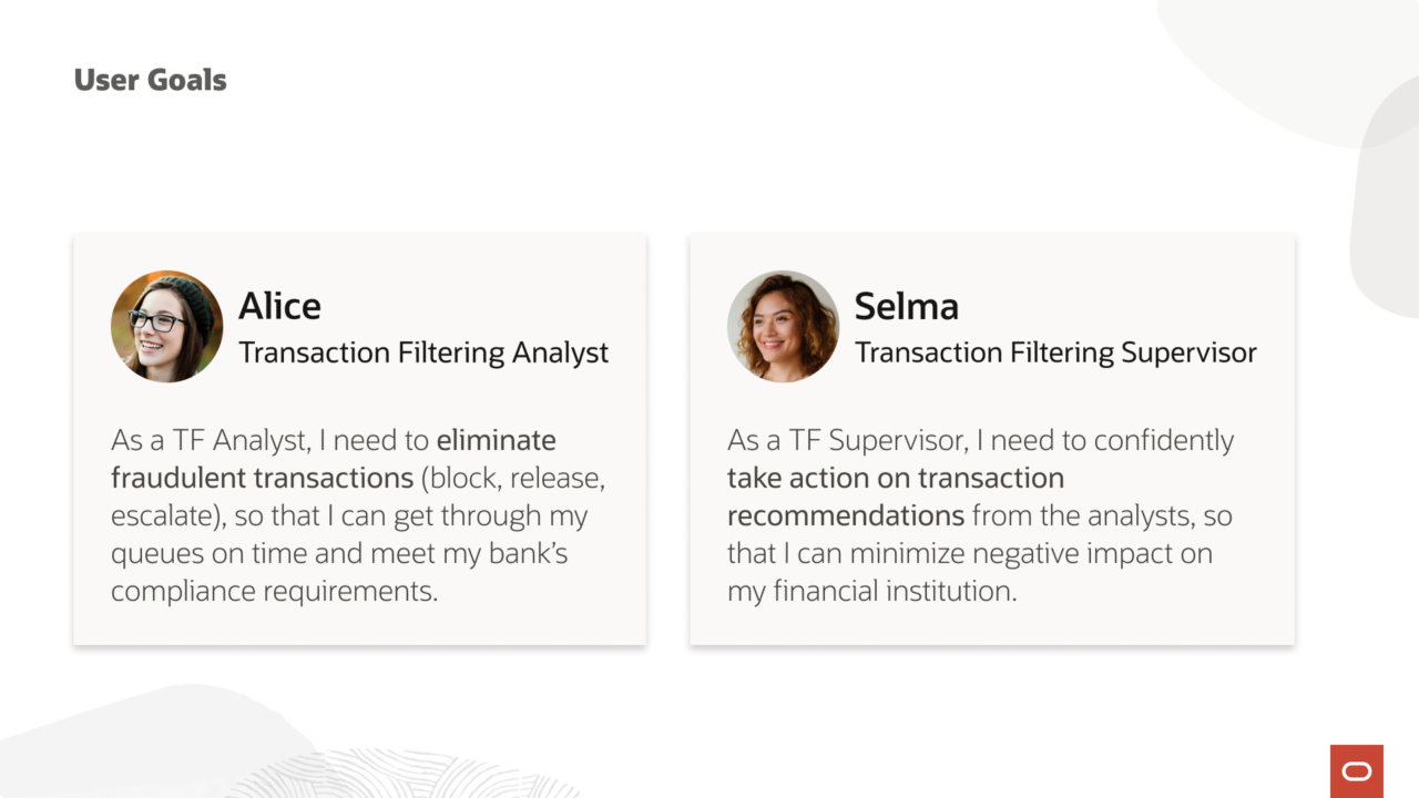 User Goals card showing Alice, Transaction Filtering Analyst, and Selma, Transaction Filtering Supervisor, each with a primary goal statement.