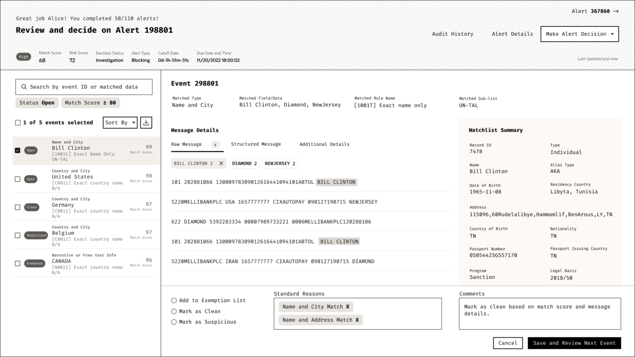 Wireframe of the Collection Details page template showing the Alert Landing view with an events list on the left and event details with watchlist comparison on the right.