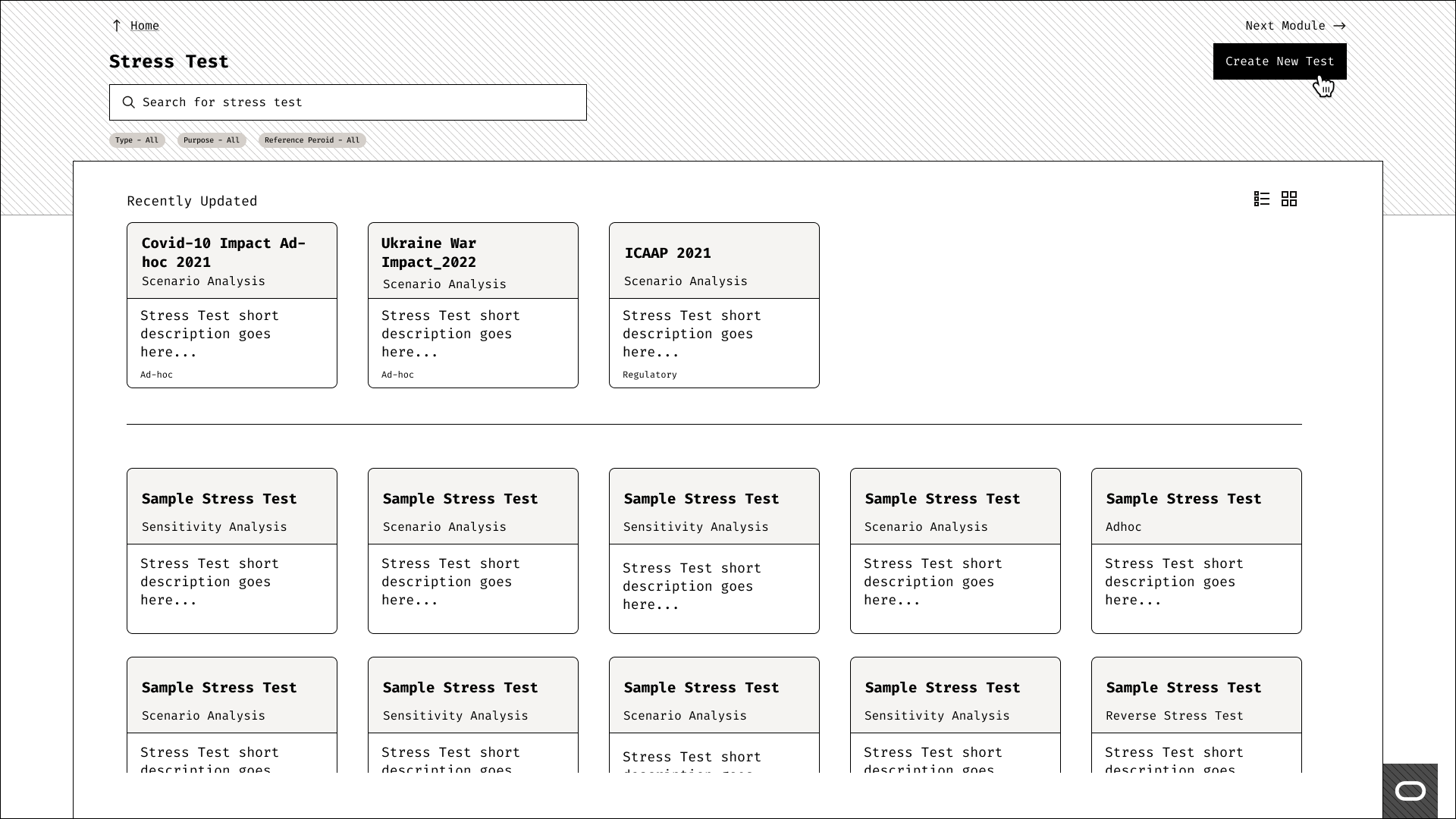 A wireframe of the Stress Test dashboard showing a list of stress tests with filters for Type, Purpose, and Reference Period. Three recently updated tests are shown as cards in the top section: Covid-10 Impact Ad-hoc 2021, Ukraine War Impact 2022, and ICAAP 2021. Below is a grid of sample stress tests of various types including Scenario Analysis, Sensitivity Analysis, Adhoc, and Reverse Stress Test. A "Create New Test" button appears in the top right.