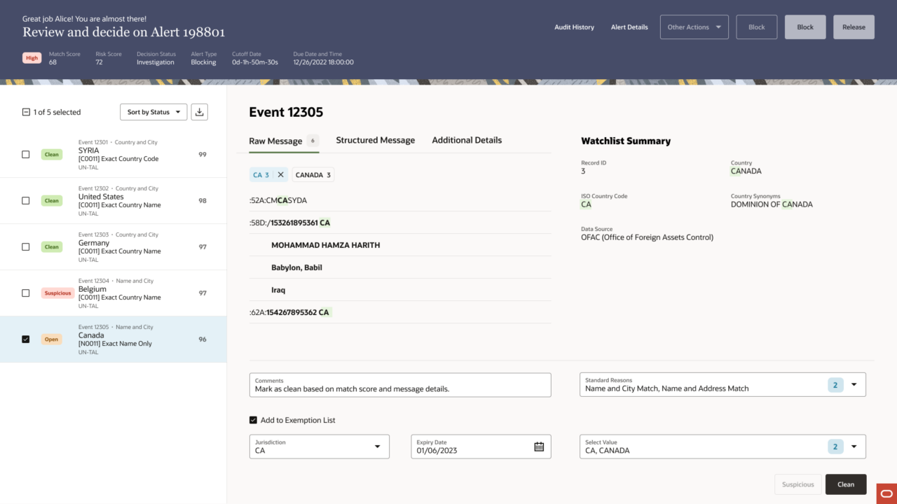 Hi-fi screen showing the Add to Exemption List checkbox expanded inline with Jurisdiction, Expiry Date, and Select Value fields populated for the Canada event.