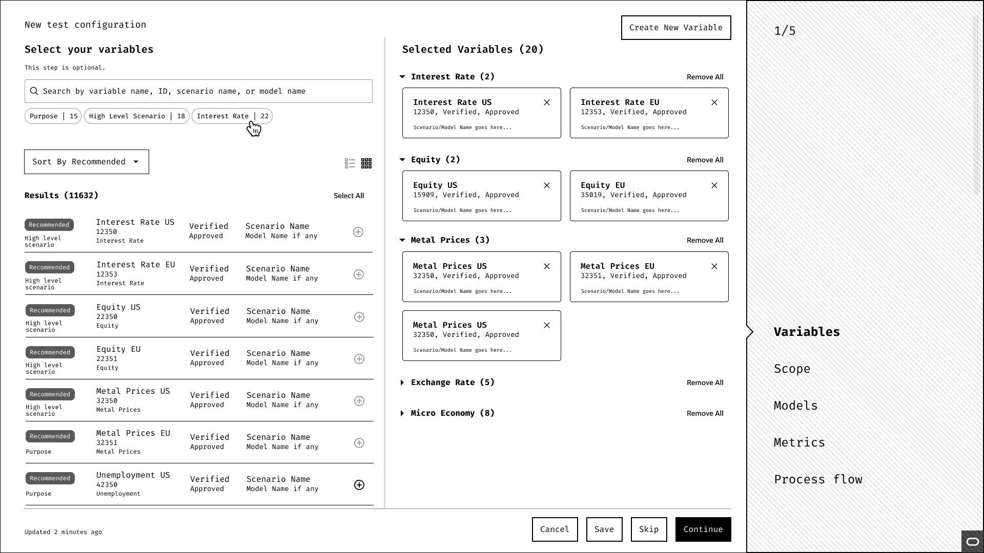 A wireframe of the variable selection screen showing 20 variables selected. The right panel displays selected variables grouped by category: Interest Rate (2) showing Interest Rate US and Interest Rate EU, Equity (2) showing Equity US and Equity EU, Metal Prices (3) showing three entries, Exchange Rate (5), and Micro Economy (8). The left panel still shows the full recommended list with 11,632 results.