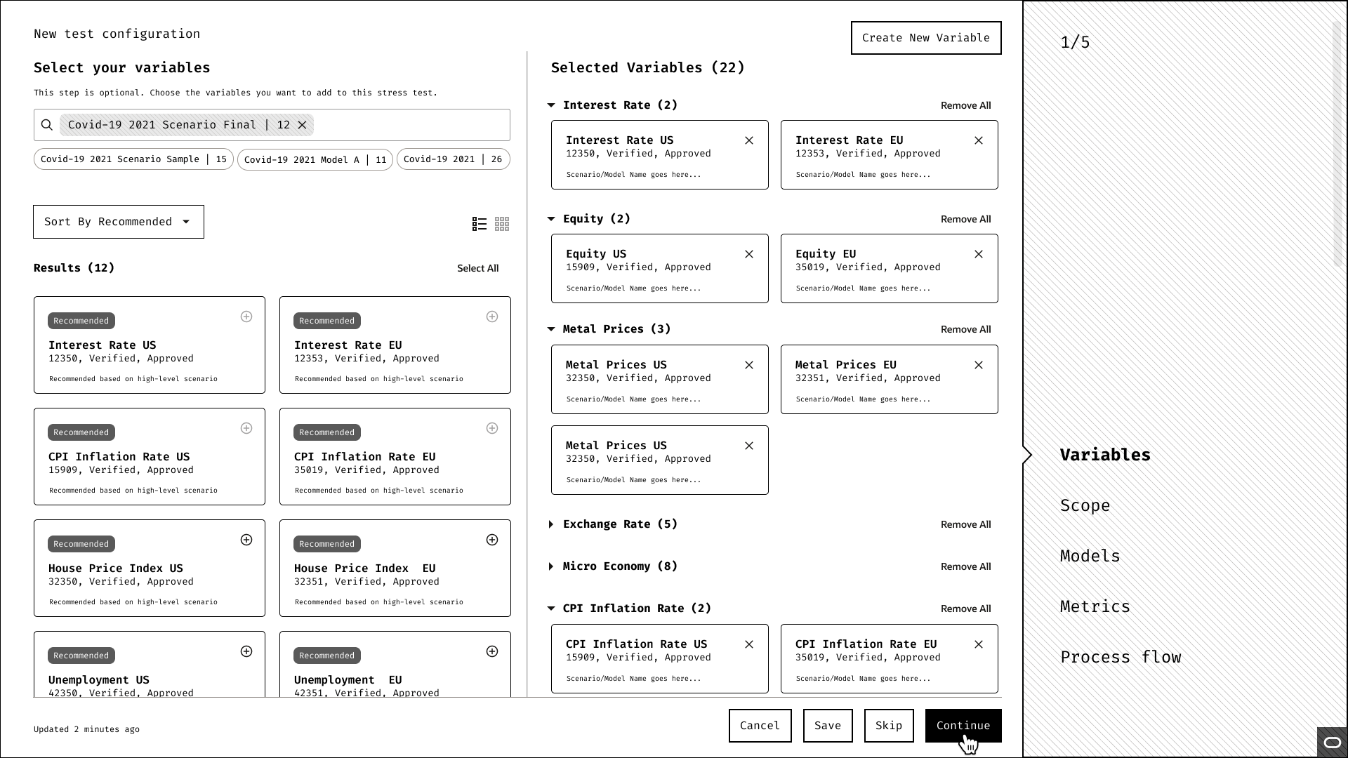 A wireframe of the variable selection screen in card view showing a Covid-19 2021 Scenario Final search with 12 results. The right panel shows 22 variables selected across categories including Interest Rate (2), Equity (2), Metal Prices (3), Exchange Rate (5), Micro Economy (8), and CPI Inflation Rate (2). Cards in the left panel show CPI and House Price Index variables recommended based on high-level scenario.