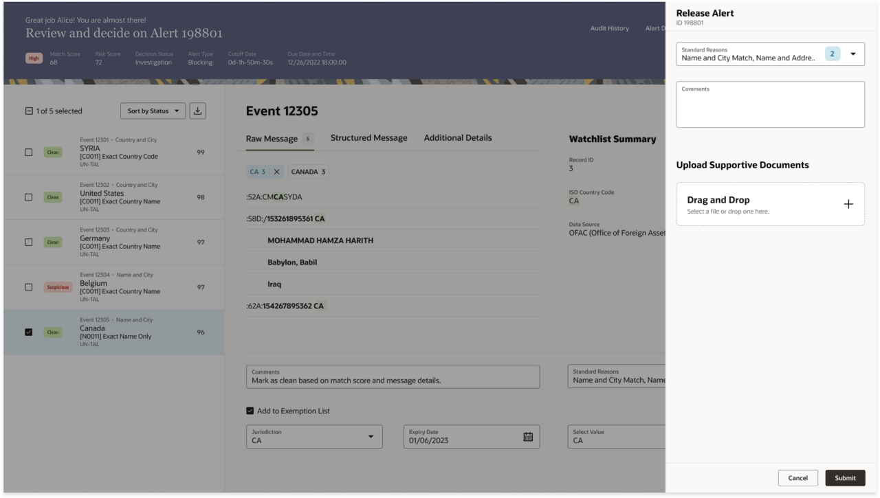 Hi-fi screen showing the Release Alert side panel open with standard reasons, comments field, and upload supportive documents area, with Submit button active.