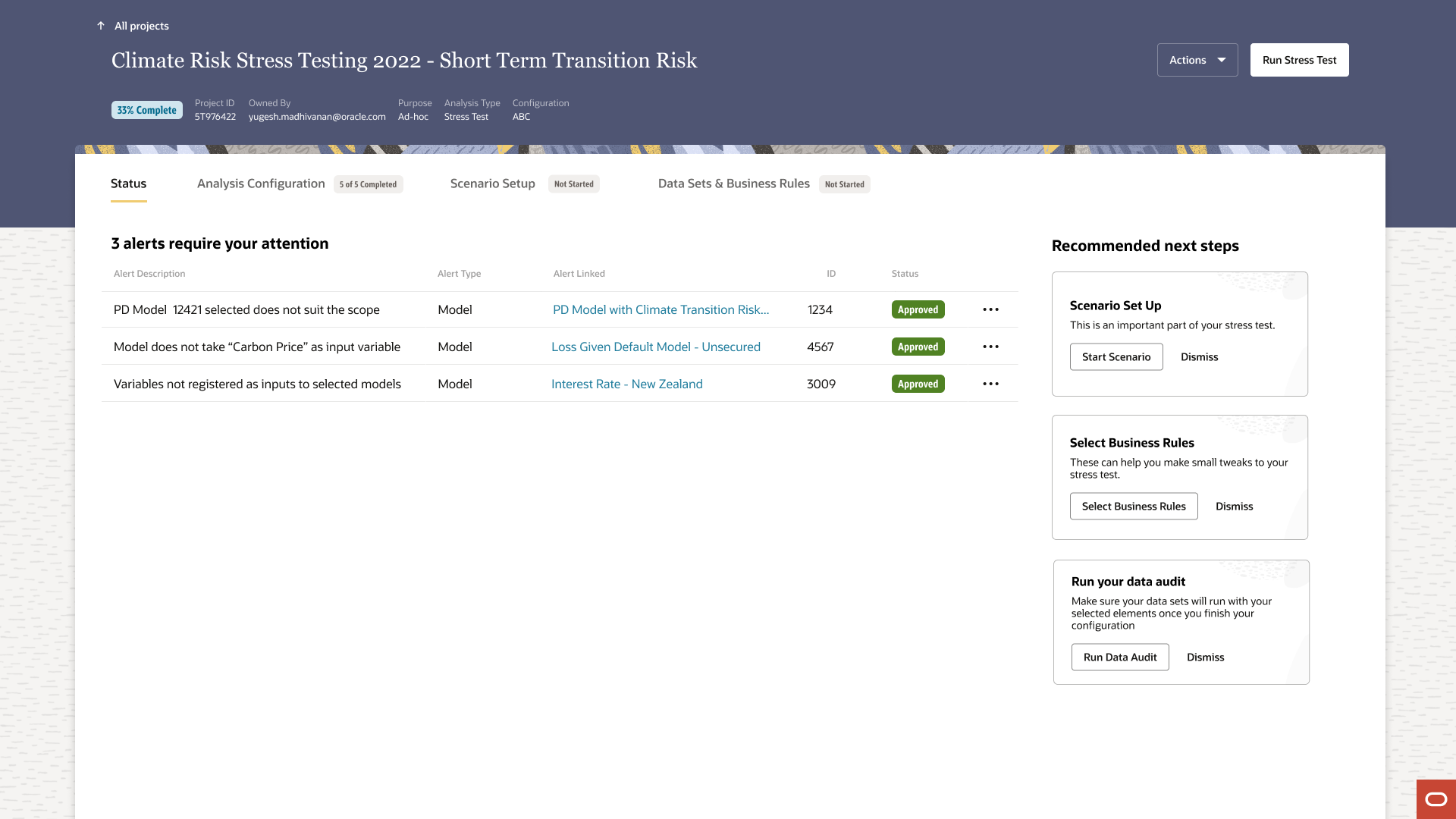 A hi-fi project dashboard for "Climate Risk Stress Testing 2022 Short Term Transition Risk" showing 33% Complete. The Status tab is active and displays 3 alerts requiring attention: PD Model 12421 selected does not suit the scope, Model does not take Carbon Price as input variable, and Variables not registered as inputs to selected models. A Recommended next steps panel on the right shows three cards: Scenario Set Up with a Start Scenario button, Select Business Rules with a Select Business Rules button, and Run your data audit with a Run Data Audit button. Four tabs are visible: Status, Analysis Configuration (5 of 5 Completed), Scenario Setup (Not Started), and Data Sets and Business Rules (Not Started).
