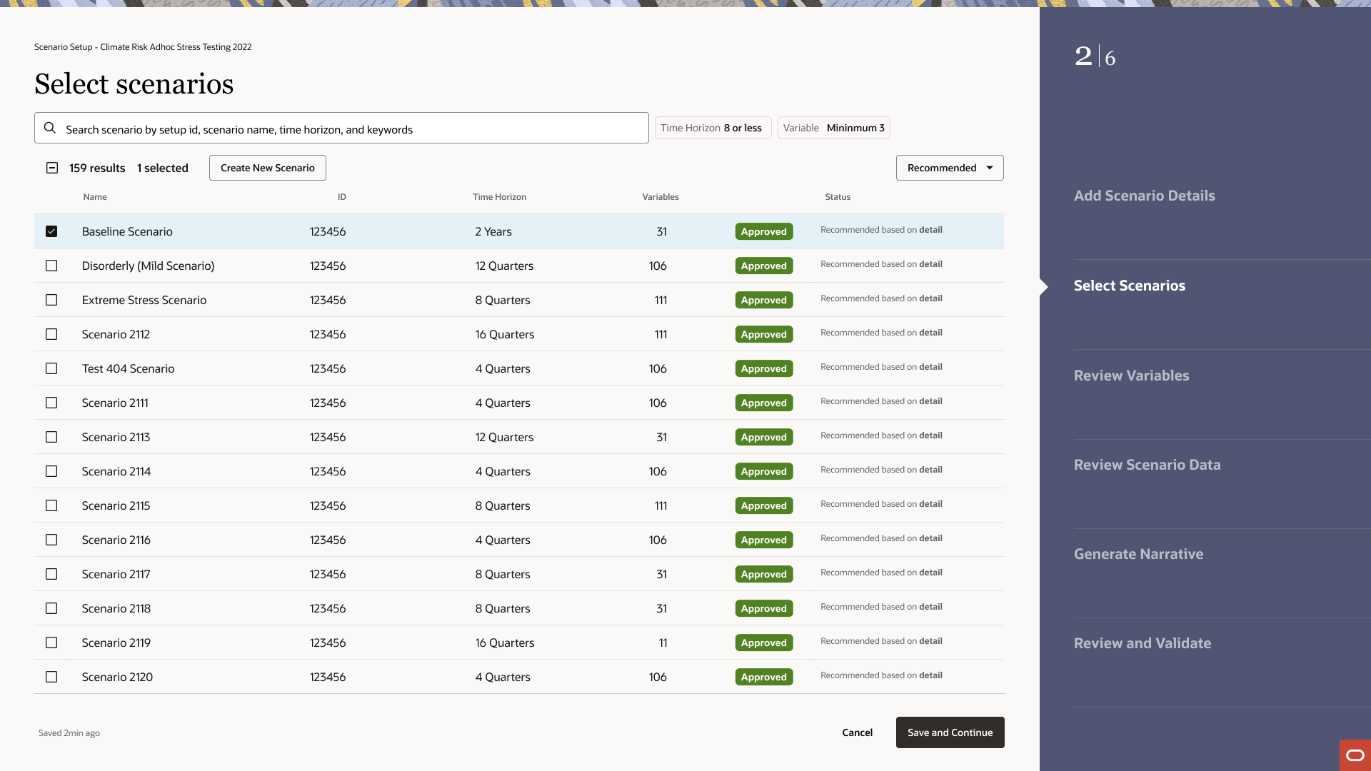A hi-fi screen showing step 2 of 6 in Scenario Setup titled "Select scenarios." Active filters show Time Horizon 8 or less and Variable Minimum 3. The list shows 159 results with 1 selected, sorted by Recommended. Baseline Scenario (2 Years, 31 variables, Approved) is checked. Other scenarios include Disorderly Mild Scenario (12 Quarters, 106 variables), Extreme Stress Scenario (8 Quarters, 111 variables), and multiple numbered scenarios. The right sidebar shows Add Scenario Details, Select Scenarios (active), Review Variables, Review Scenario Data, Generate Narrative, and Review and Validate.