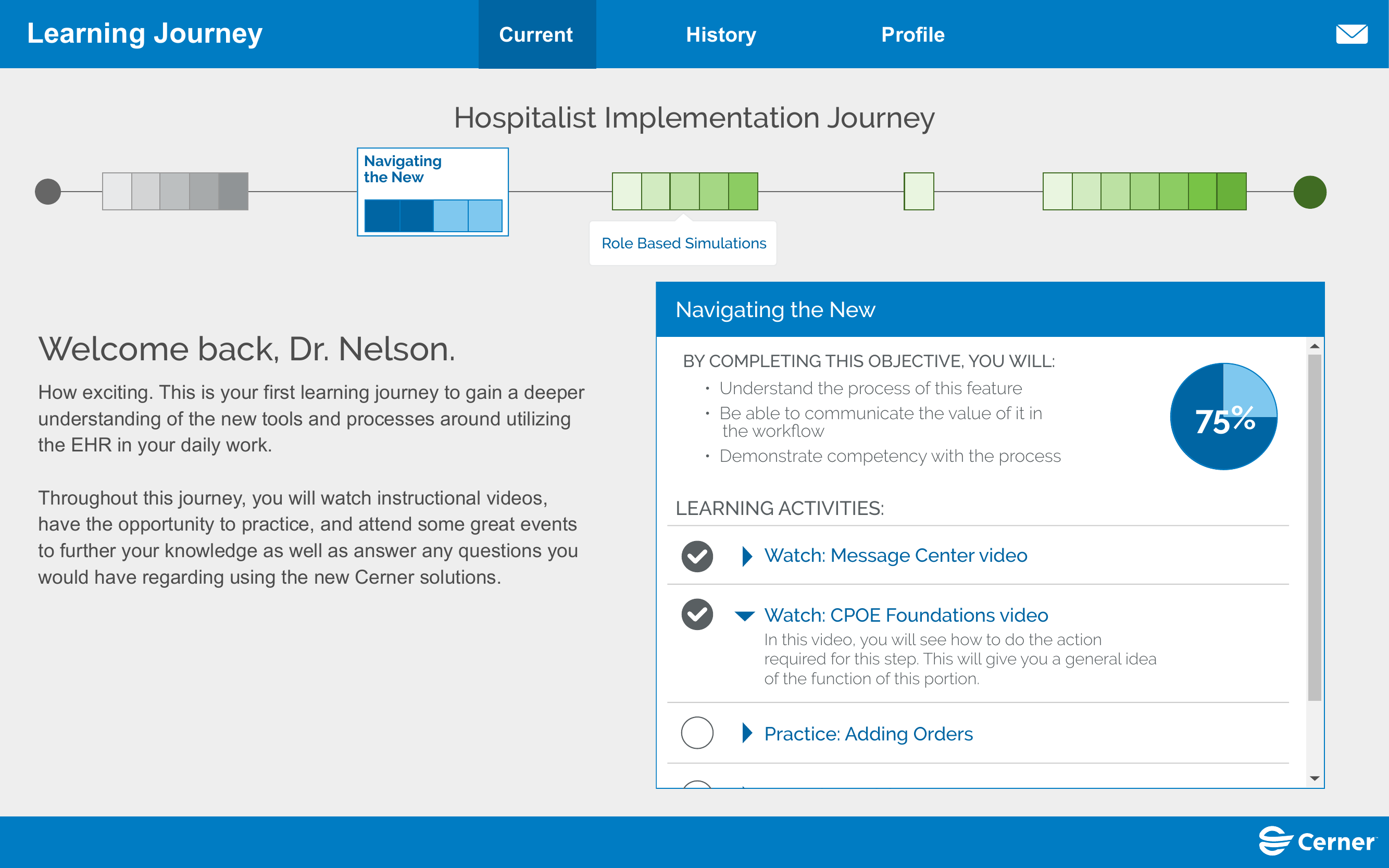 Desktop concept of the progress-first journey, showing the stages a learner moves through with the active stage highlighted.