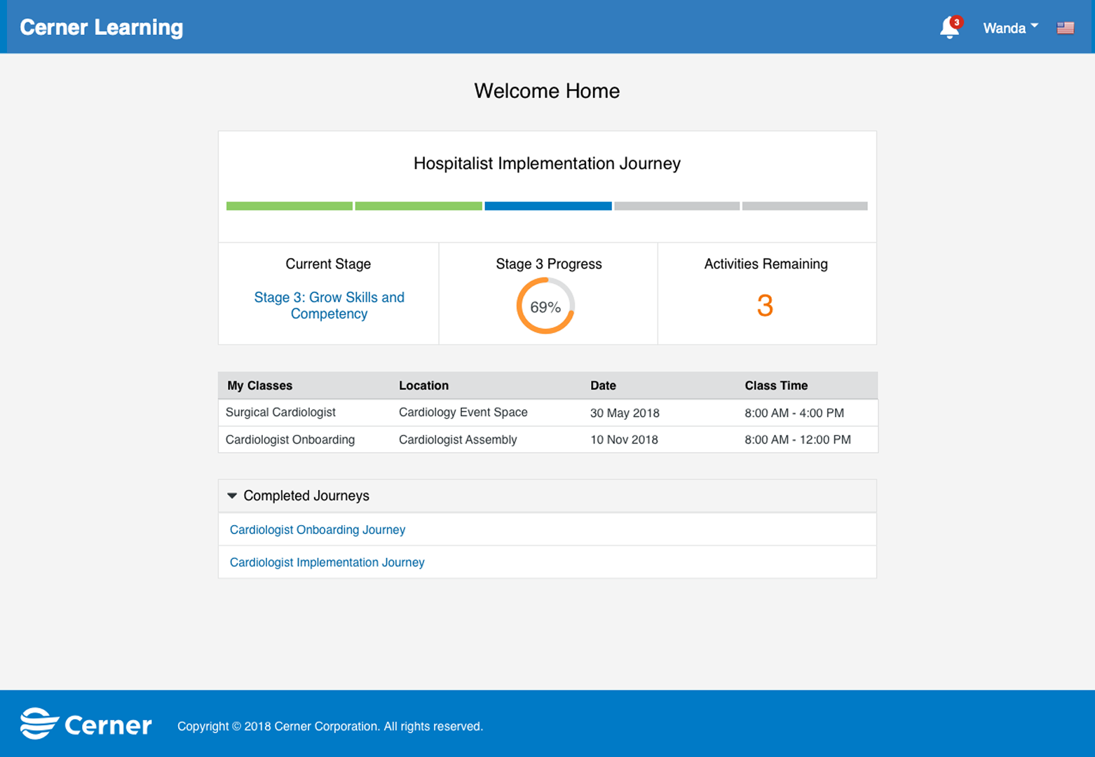 Learner dashboard greeting Dr. Nelson, showing the current stage, what comes next, and how much of the journey remains.
