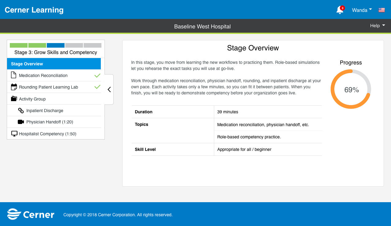 Stage overview listing the role-based simulation activities in the stage, each with its own progress.