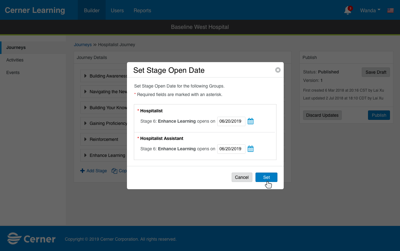Admin scheduling when a newly added stage opens and for which group, so nothing goes live the moment it is saved.