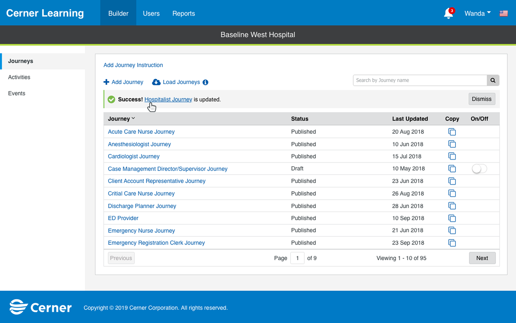 The journey library confirming the Hospitalist Journey was updated after the new version was pushed live.