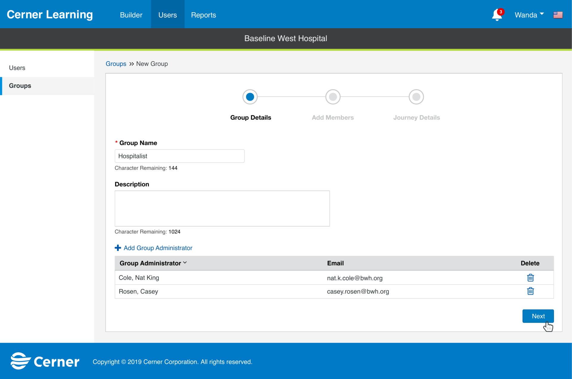 Step one of the create-group wizard, entering the group's details.