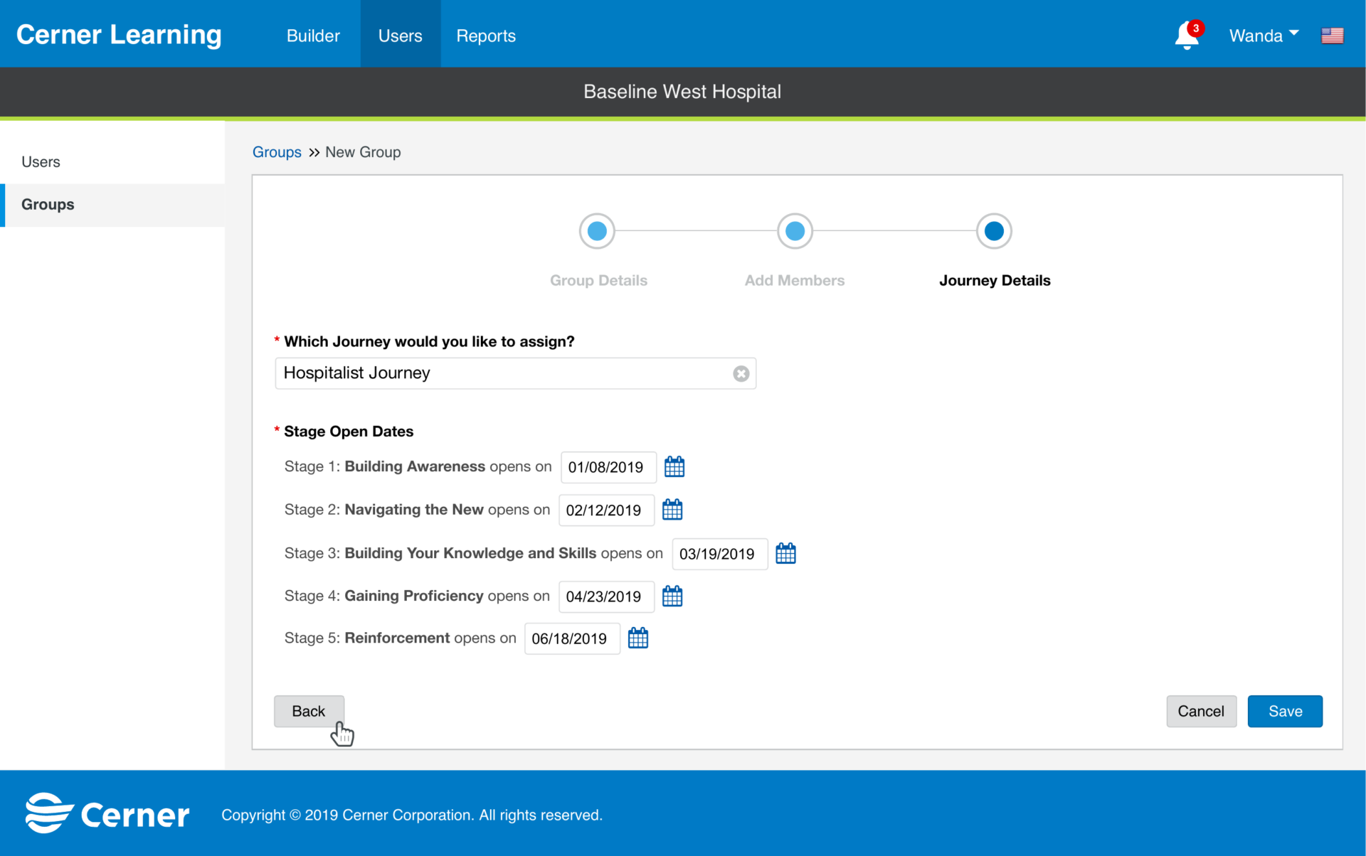 Step three of the create-group wizard, assigning a journey and setting when each stage opens across the rollout.
