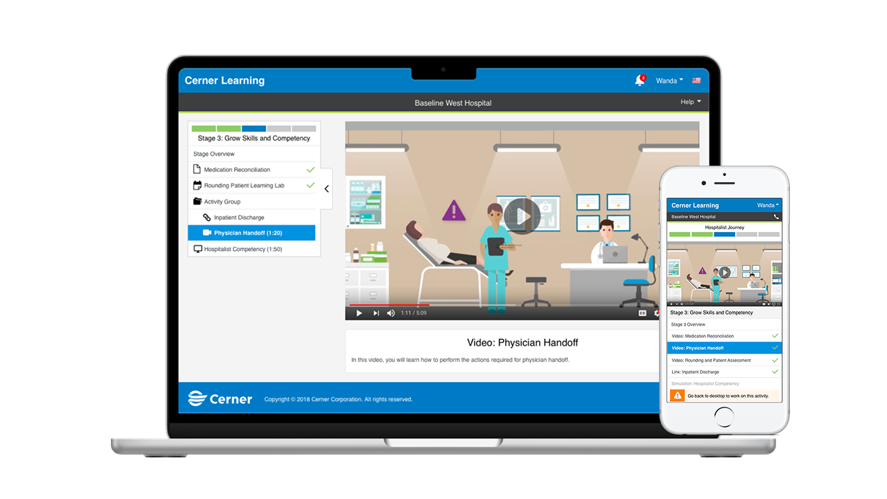 Learning Journey UI showing learner watching a video on a desktop computer and mobile phone screen