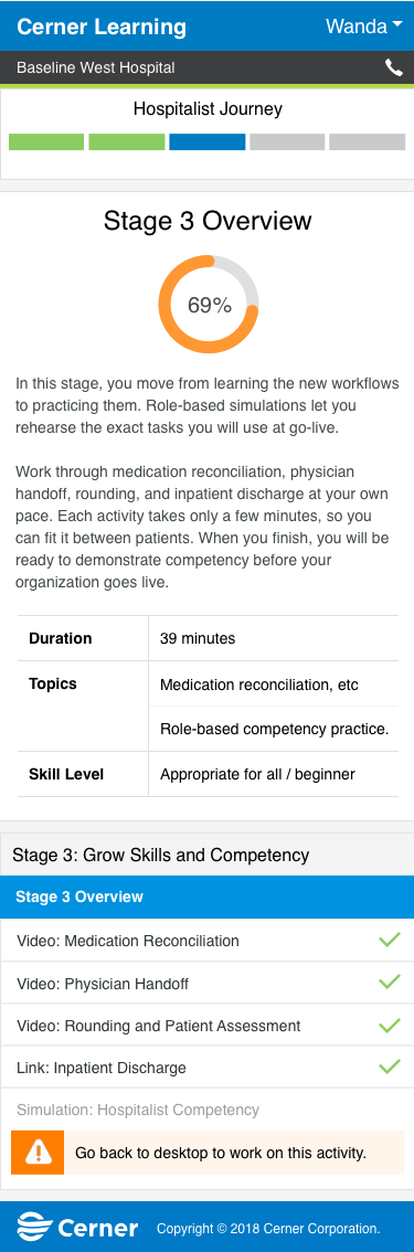 The same stage on a phone, the Stage 3 overview and its activities, including the note to return to a desktop to complete the simulation.