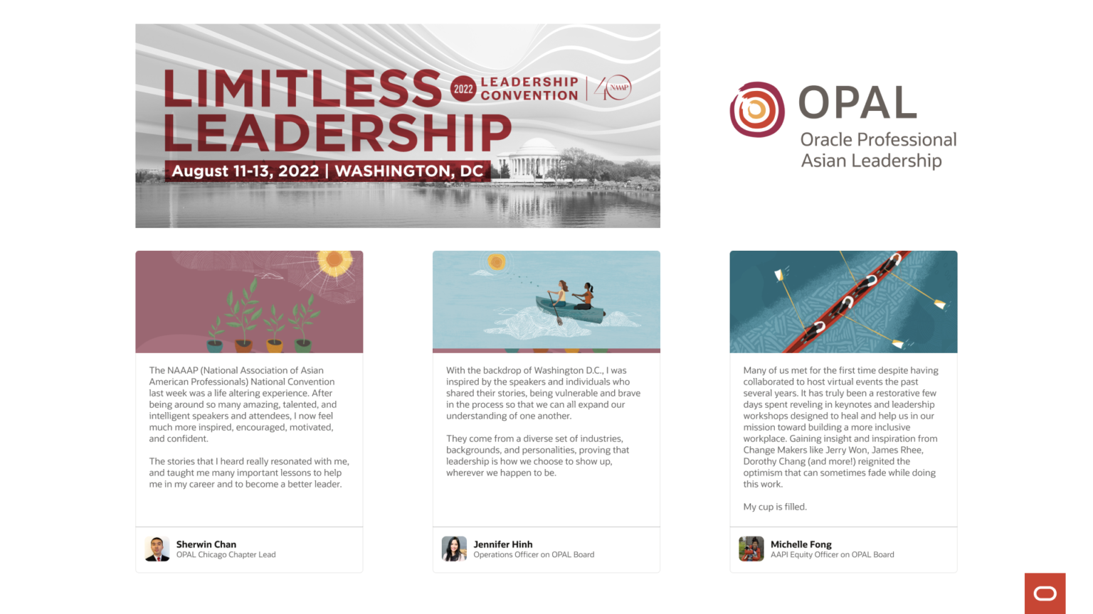 Limitless Leadership 2022 NAAAP convention banner (Washington DC, August 11–13) beside three testimonial quote cards with headshots reflecting on the experience, alongside the OPAL logo.