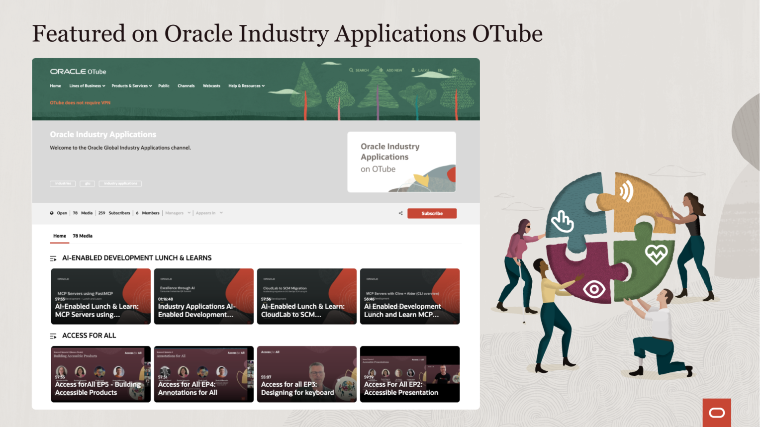 Access for All series featured on the Oracle Industry Applications OTube channel, listed alongside the AI-Enabled Development series with all five episodes available on demand.