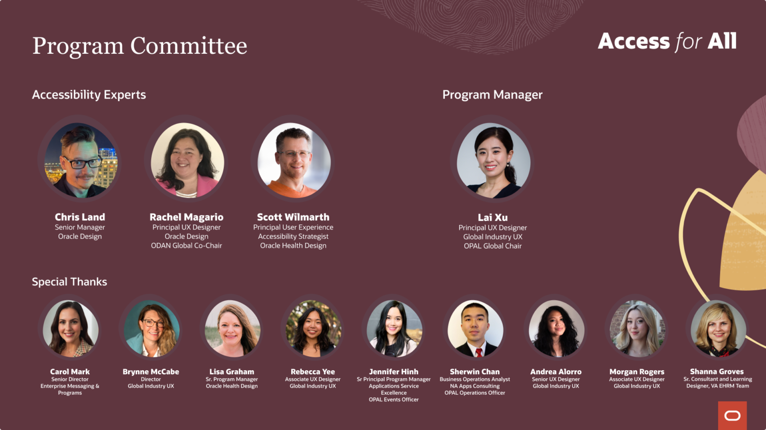 Access for All program committee: three accessibility experts, the program manager, and a special-thanks group of contributors across Oracle design and operations teams.
