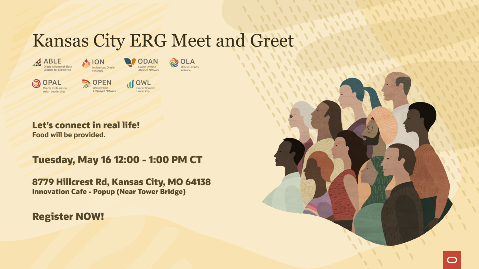 Kansas City ERG Meet and Greet' event graphic listing seven Oracle ERG logos, event details for a Tuesday lunch gathering with food provided, and a stylized illustration of a diverse group of people in profile.