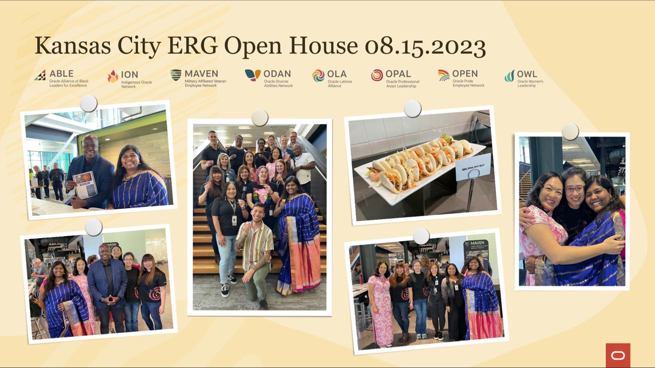 Photo collage titled 'Kansas City ERG Open House 08.15.2023' with eight Oracle ERG logos (ABLE, ION, MAVEN, ODAN, OLA, OPAL, OPEN, OWL) above six candid photos of employees mingling, posing in pairs and groups, and a catering table of appetizers.