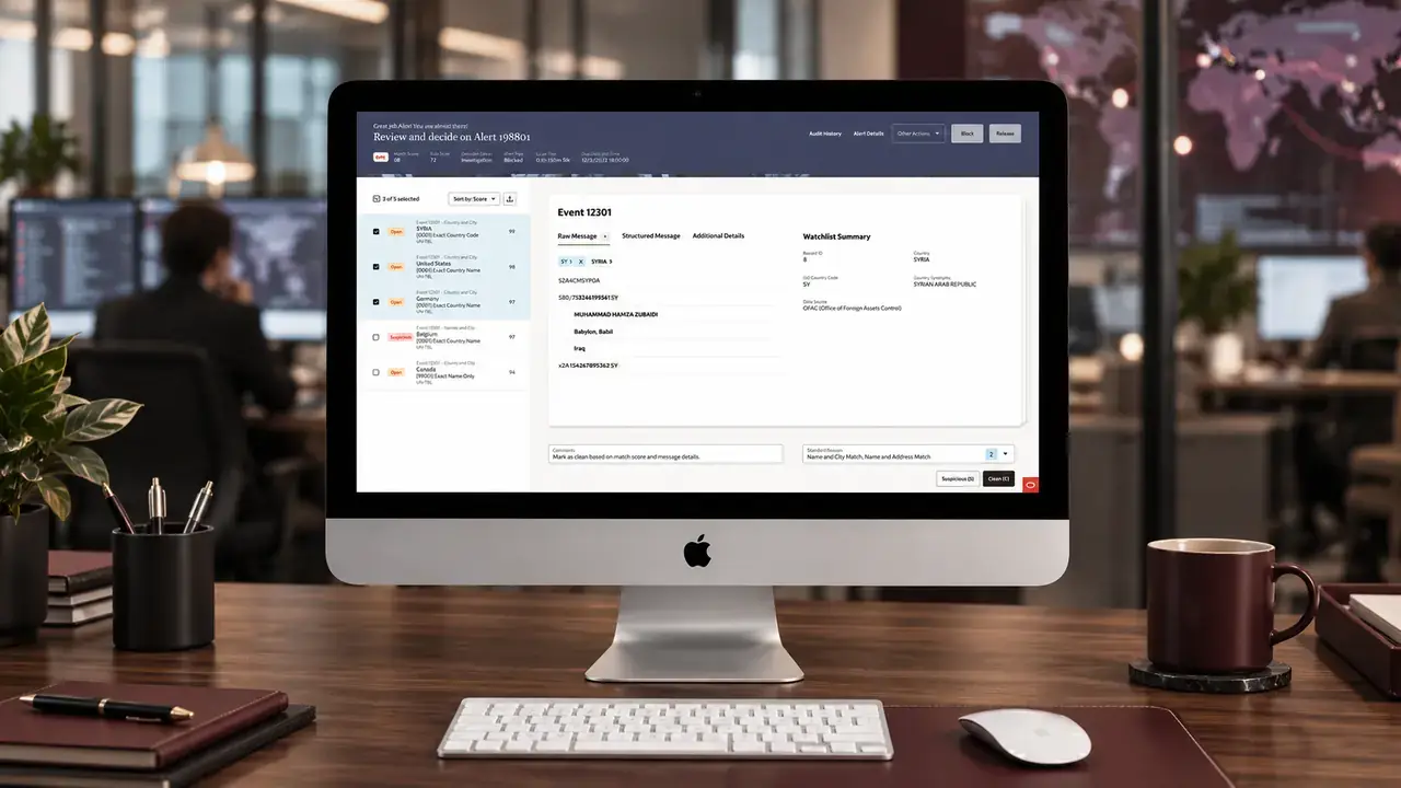 Transaction Filtering interface on a desktop monitor in a softly blurred financial-crimes office