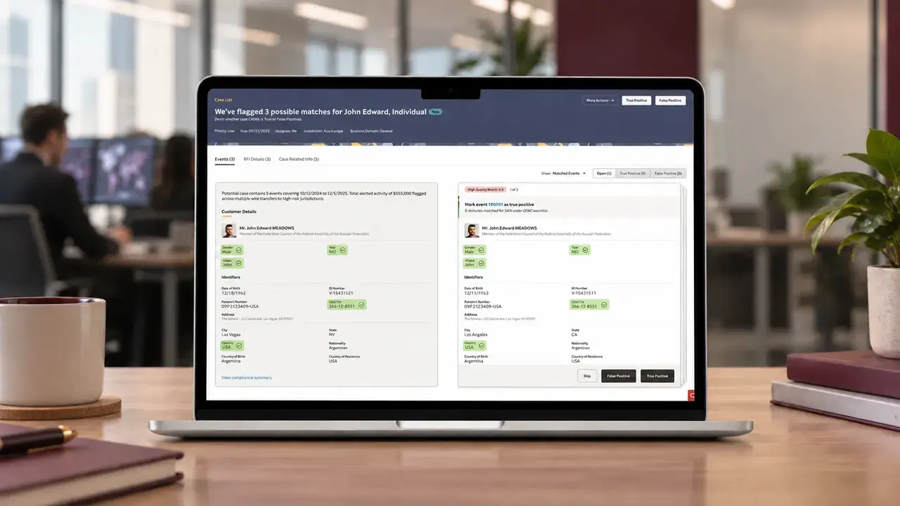 Investigation Hub interface on a laptop in a softly blurred financial-services office