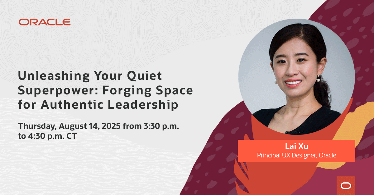 Animated Oracle promotional graphic for the workshop Unleashing Your Quiet Superpower: Forging Space for Authentic Leadership, Thursday August 14 2025 from 3:30 to 4:30 p.m. CT, featuring a headshot and the Oracle logo.