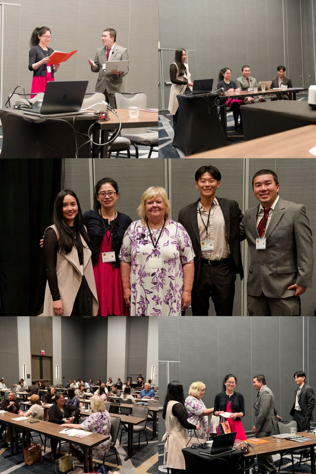 Photo collage from the workshop: presenting from a panel table with co-presenters, addressing a full seated audience, posing with fellow panelists and attendees after the session, and a wide shot of the packed room.
