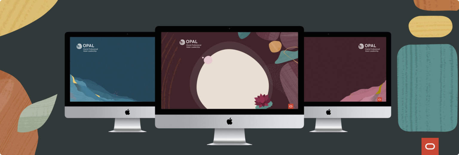 Three OPAL-branded Zoom virtual background designs displayed side by side on desktop monitor mockups: a blue ocean-wave scene, a maroon scene with a cream moon and lotus flower, and a plain maroon variant, each with the OPAL logo.