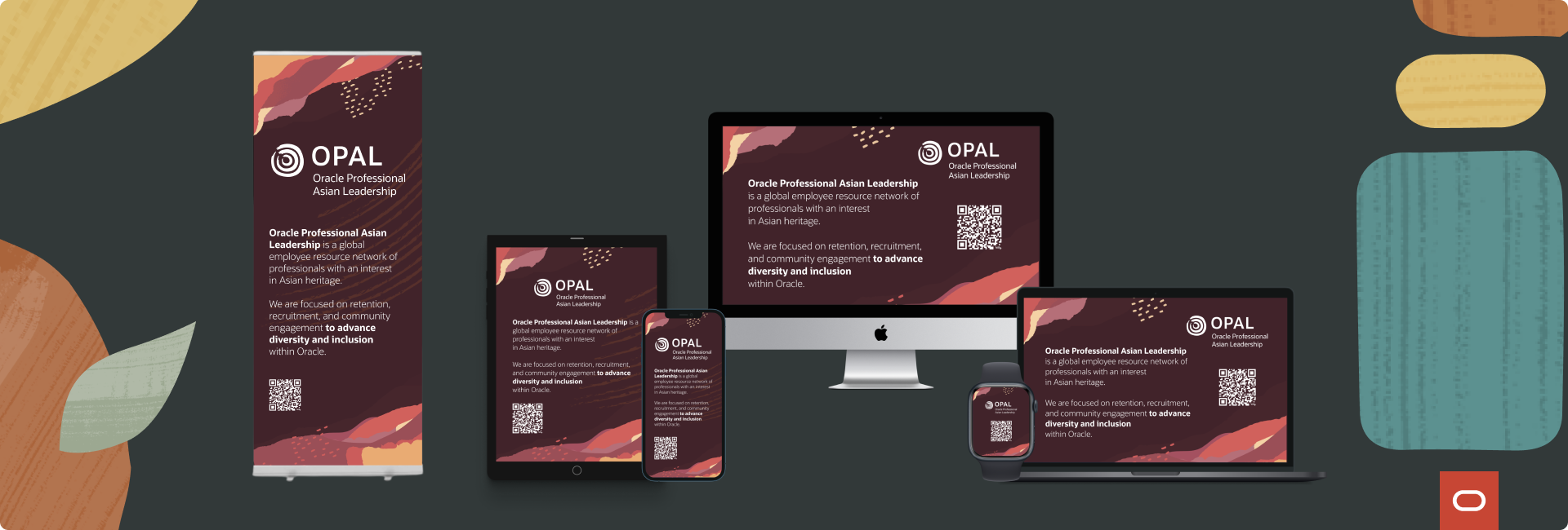 Updated OPAL banner mockup shown as a retractable stand banner alongside tablet, phone, desktop, laptop, and smartwatch versions, each with the OPAL logo, mission statement, and QR code, on a dark background.