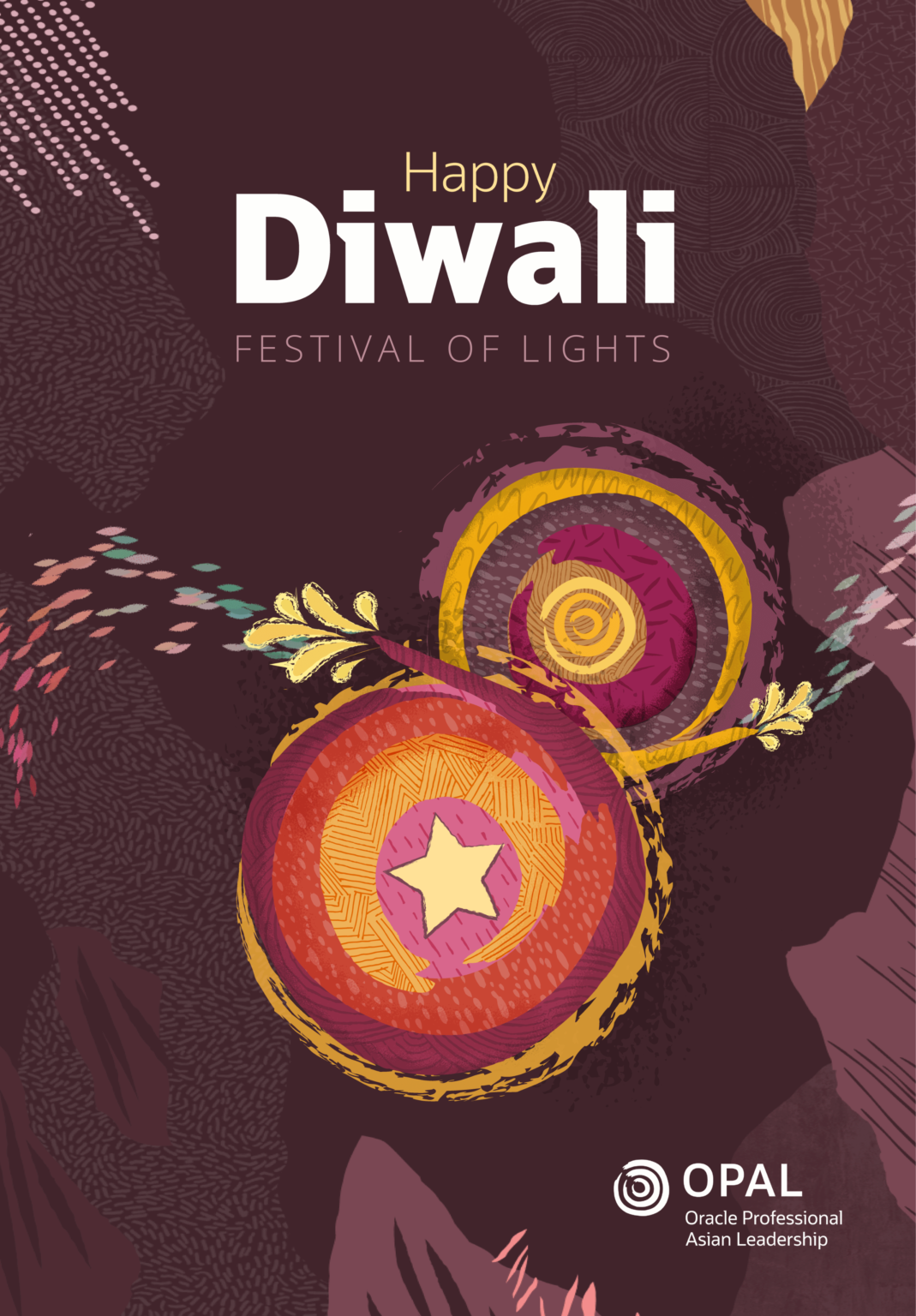 Diwali Festival of Lights poster with illustrated diyas and a star motif in warm gold, pink, and orange tones on a deep purple background, with the OPAL logo.