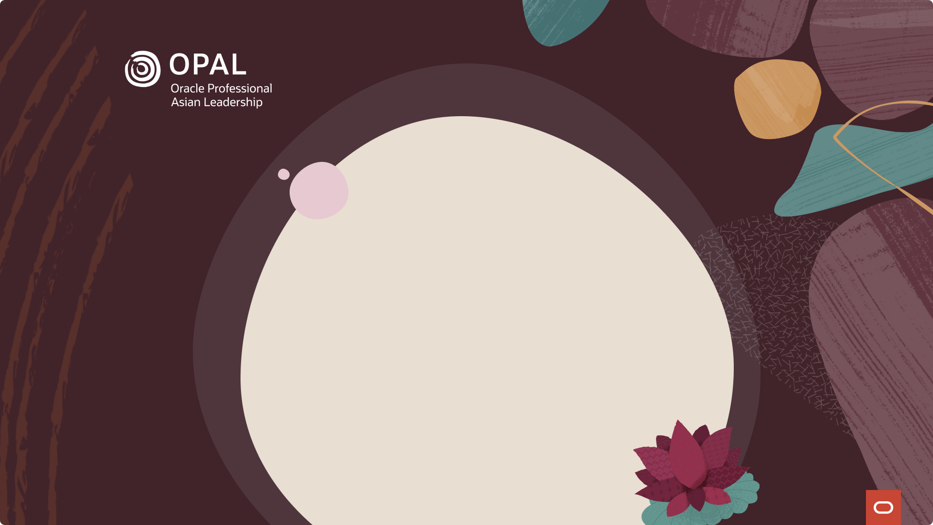 OPAL-branded Zoom virtual background in deep maroon with a large cream circle, a pink lotus flower, and botanical accents, with the OPAL logo in the corner.