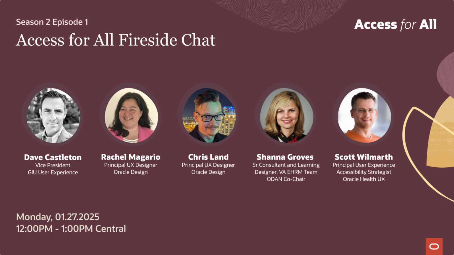 Access for All Season 2 Episode 1 event poster with burgundy background, circular speaker portraits, and gold geometric accents. Session details and speaker information listed.
