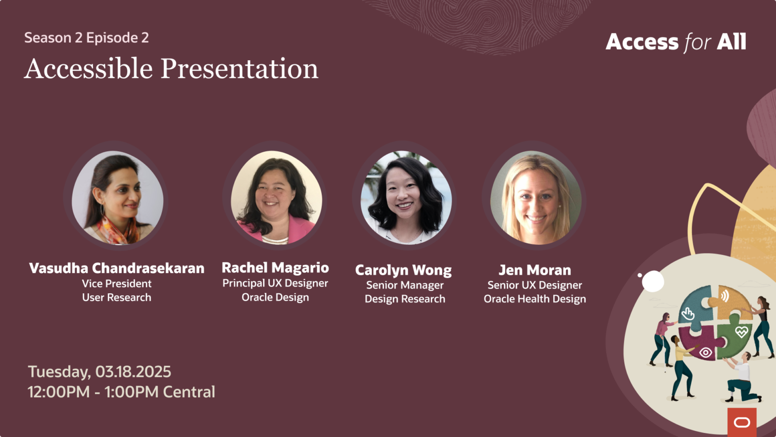 Access for All Season 2 Episode 2 event poster with burgundy background, circular speaker portraits, and gold geometric accents. Session details and speaker information listed.