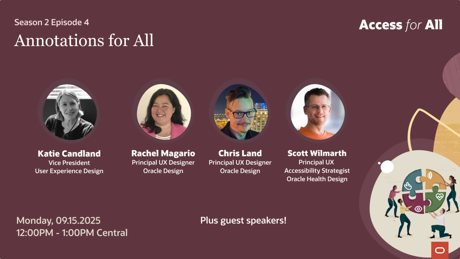 Access for All Season 2 Episode 4 event poster with burgundy background, circular speaker portraits, and gold geometric accents. Session details and speaker information listed.