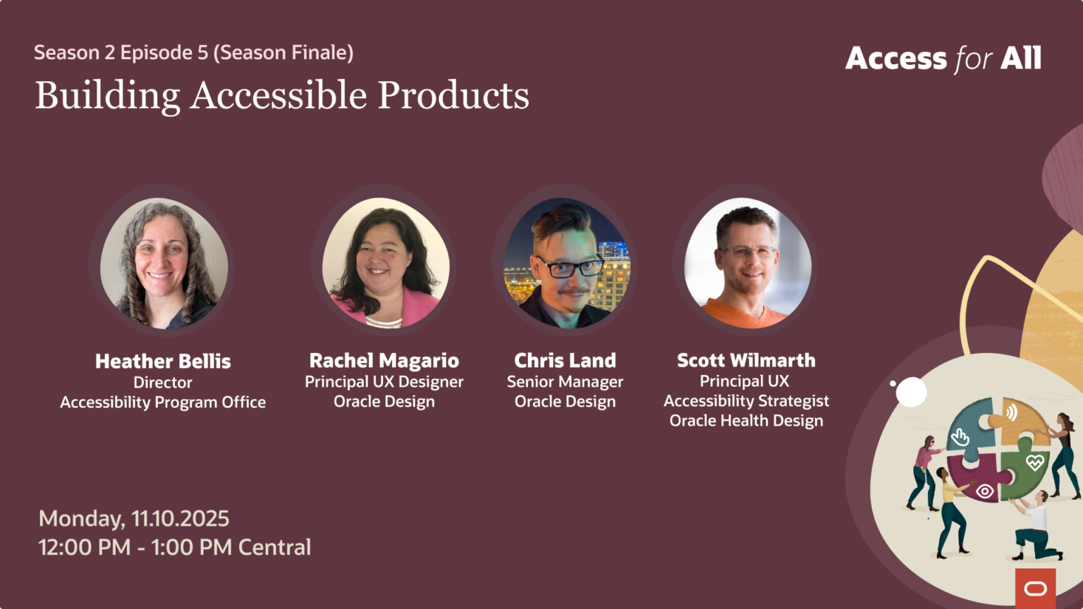 Access for All Season 2 Episode 5 event poster with burgundy background, circular speaker portraits, and gold geometric accents. Session details and speaker information listed.