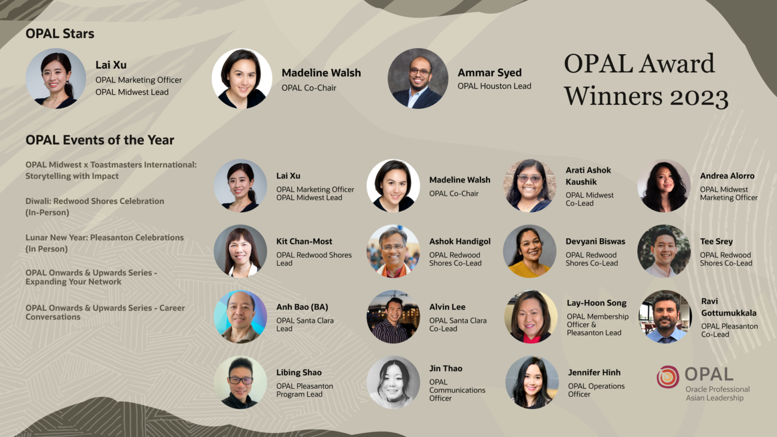 OPAL Award Winners 2023 poster listing OPAL Star honorees, OPAL Events of the Year, and a grid of headshots crediting the teams behind each winning event, with the OPAL logo.