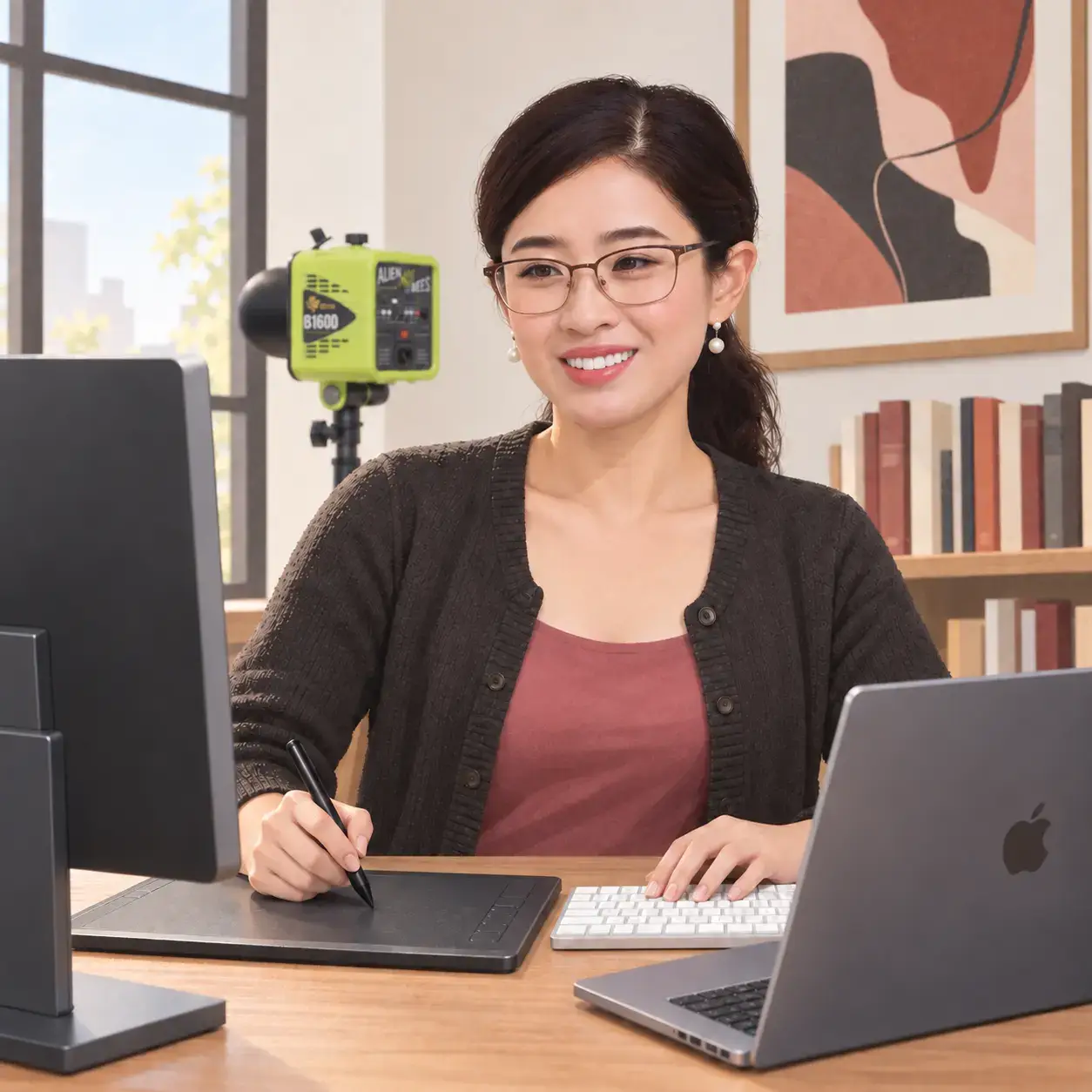Portrait of Lai Xu at her desk with a Wacom tablet, keyboard, external monitor, MacBook Pro, and studio light