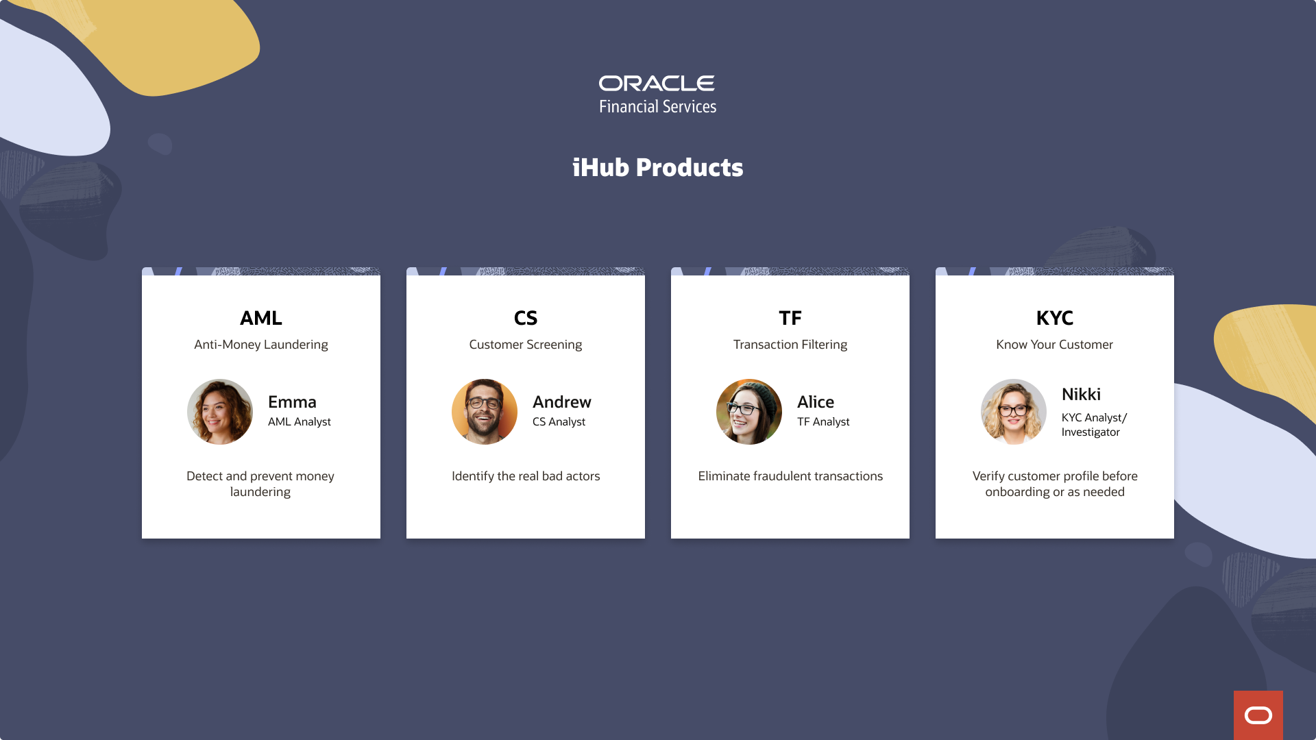 Four Oracle financial-crime product interfaces shown together to illustrate system scale