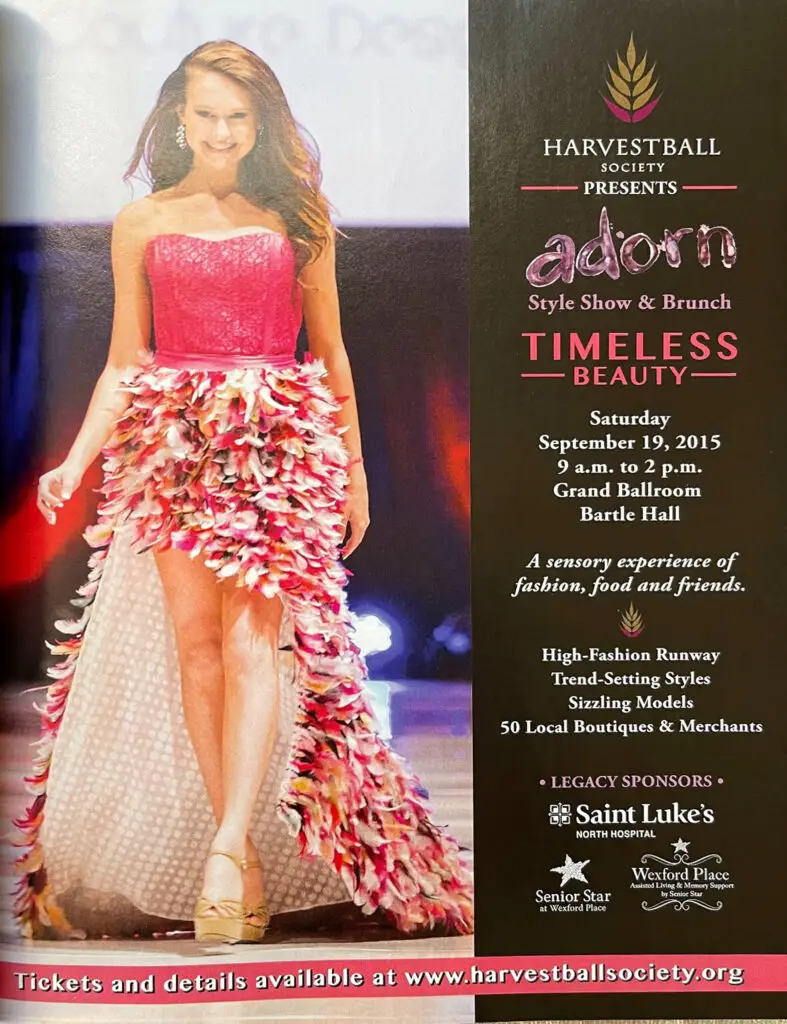 Timeless Beauty advertisement for the Adorn Style Show and Brunch, featuring a model in a pink floral gown.