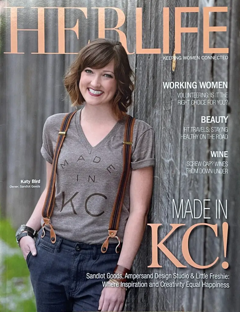 HERLIFE Magazine August 2015 Made in KC cover featuring Katy Bird of Sandlot Goods.